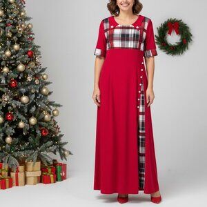 Plaid Maxi Dress Womens 2XL Red Pearl Button Holiday Party Christmas Pockets